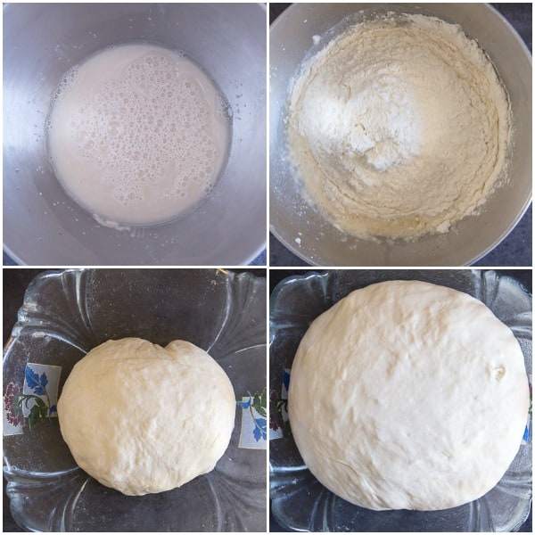 how to make pizza dough 4 photos, yeast in warm water, flour and dough risen