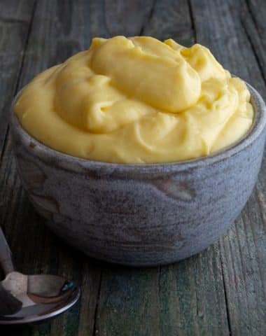 Pastry cream in a grey bowl.